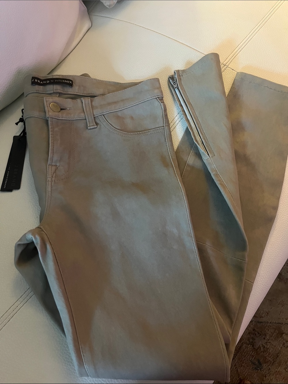NWT JBrand for Intermix 100% French Lamb Leather Zip Detail Pants - Taupe
